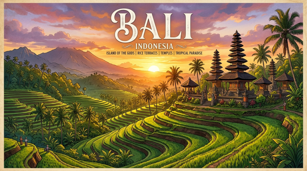 Carte illustrée de Bali avec les principales attractions et plages de l'île