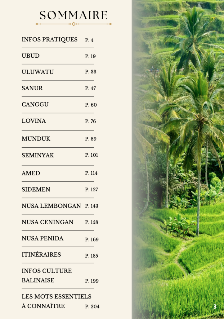 Le sommaire de l'E-BOOK Le guide complet de Bali